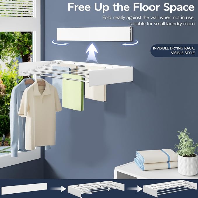 Vikaqi Wall Mounted Foldable Clothes Drying Rack, 32-Inch Wide, 5 Stainless - Image 2