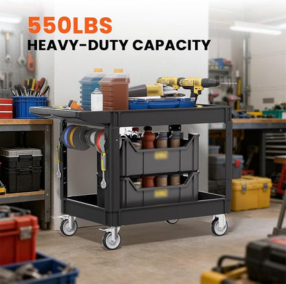 2 Tier Plastic Rolling Utility Cart on Wheels, Heavy Duty Tool Cart - Image 4