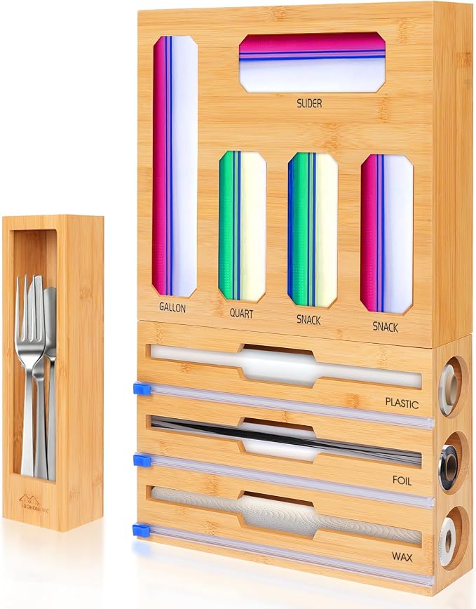 Bamboo Ziplock Bag Organizer for Kitchen Drawer & Wall Mount, Food Storage by BOHOMDEC