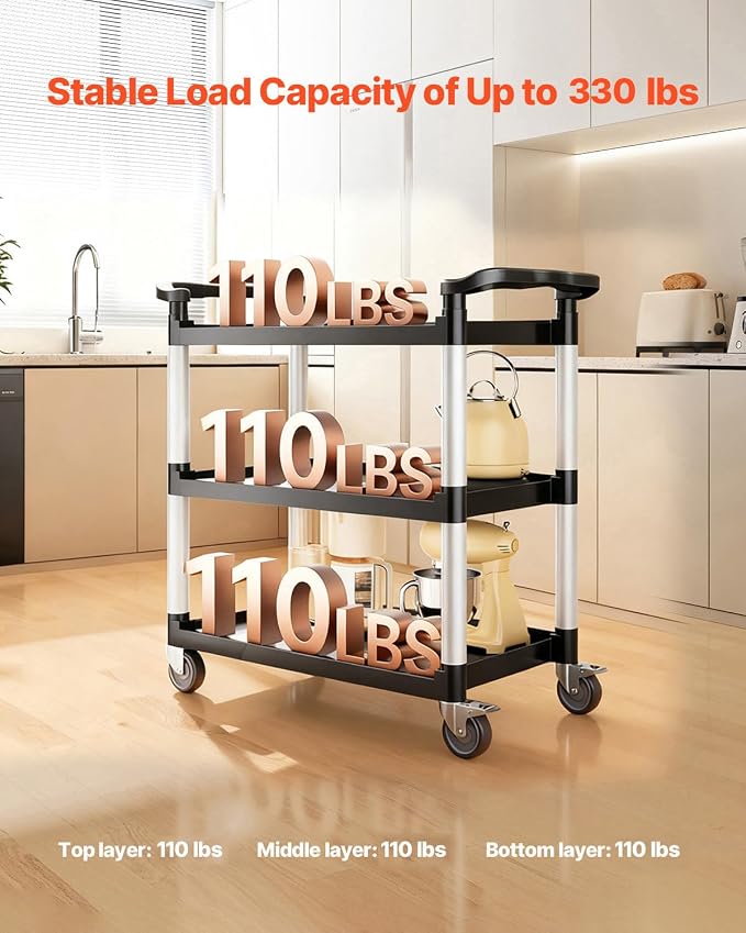 VEVOR Utility Cart, 330 lbs Load Capacity, 3-Tier Utility Plastic Cart - Image 2