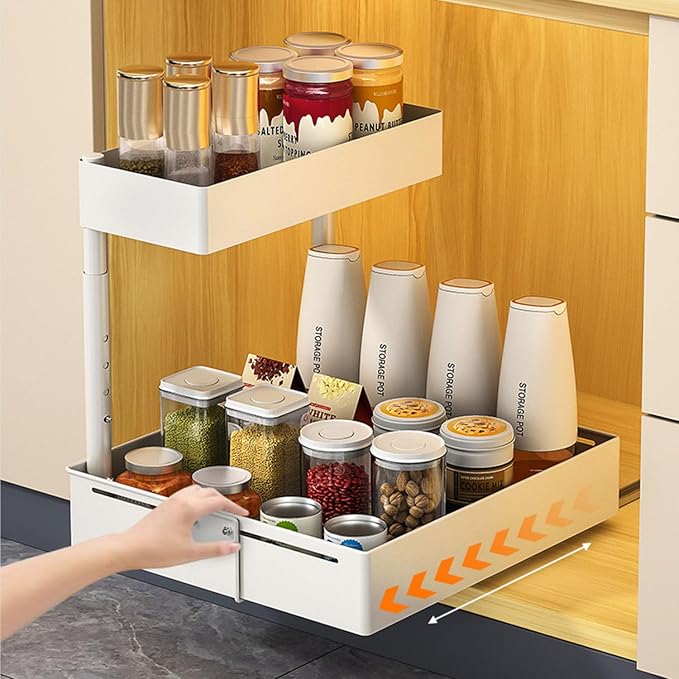 Under Sink Organiser, 2 Tier Pull Out Cabinet Organiser, Height Adjustable Out - Image 2