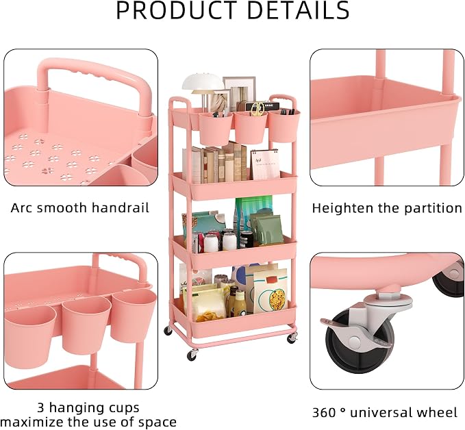 JIUYOTREE 4-Tier Plastic Rolling Storage Cart Utility Cart - Image 7