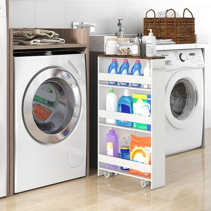Small Kitchen Cart, 4-Tier Slim Rolling Island w/Handle, Laundry Room Storage - Image 3