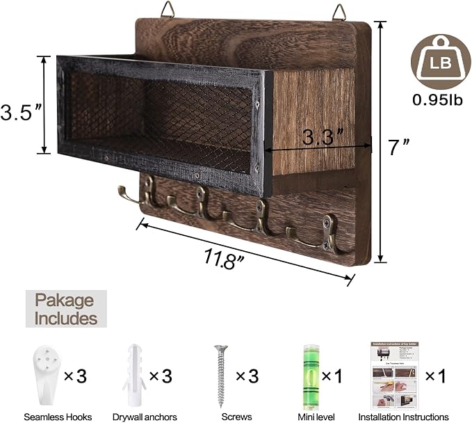 ADIIL Mail and Key Holder for Wall Decorative, Wooden Wall Mount Key Rack - Image 6