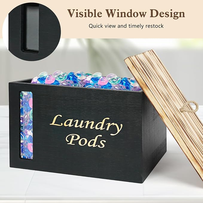 2 Pcs Wood Laundry Pods Container & Dryer Sheet Holder, Solid Pine Laundry - Image 5