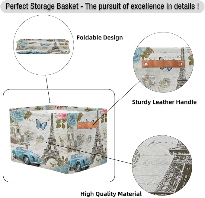 Storage Basket Vintage Paris Eiffel Tower Rose Flower Old Car Storage Cube Box - Image 7