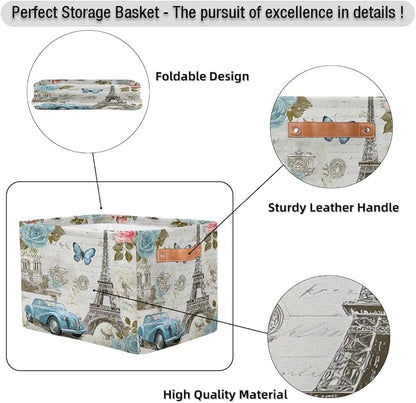 Storage Basket Vintage Paris Eiffel Tower Rose Flower Old Car Storage Cube Box - Image 7