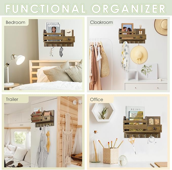 VIS'V Key Holder Wall Mount, Wooden Mail and Key Organizer, Small Shelf - Image 7