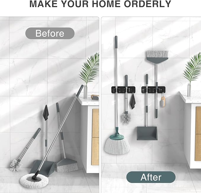 homeasy Wall Mount Mop and Broom Holder, Heavy Duty Stainless Steel Organizer - Image 3