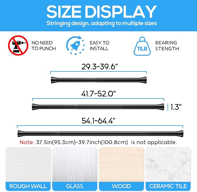 Spring Tension Rod Shower Curtain Rod 30 to 64 Inches 2PCS - Image 2