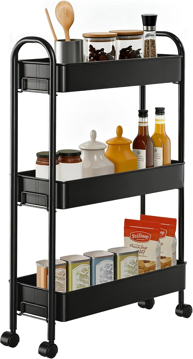 Slim Rolling Cart, Metal Frame Utility Rolling 3-Tier Narrow Storage Cart | by Unknown