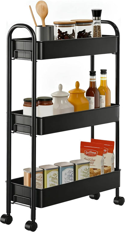 Slim Rolling Cart, Metal Frame Utility Rolling 3-Tier Narrow Storage Cart | by Unknown