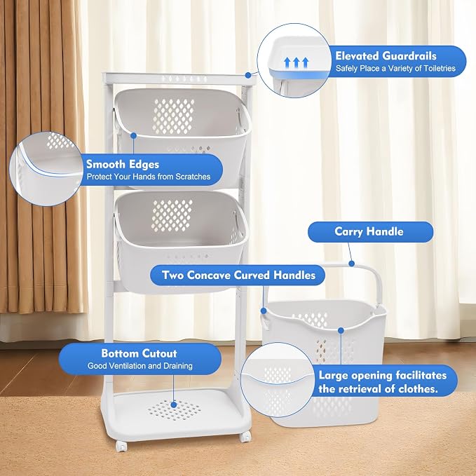 Rolling Laundry Basket, Laundry Hamper 3 Section - Image 6