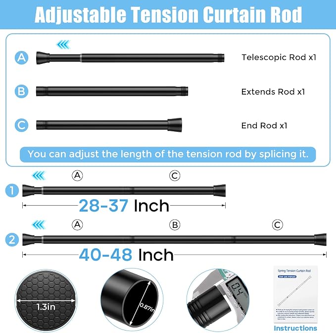 AIZESI 2Pack Tension Curtain Rod 28-48 Inch No Drilling Adjustable, No Slip - Image 2