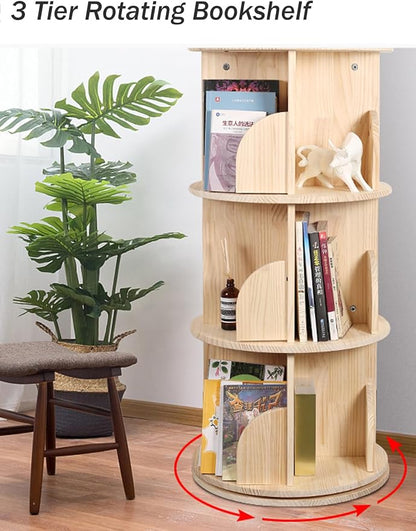 3-Tier Rotating Bookshelf, Wooden Spinning Bookcase - Image 2
