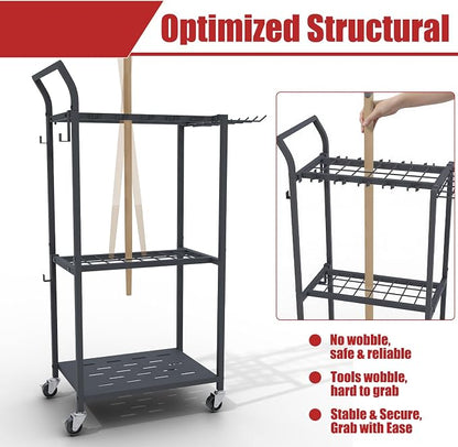 Garden Tool Organizer with Wheels, Heavy Duty Rolling Yard Tool Rack with 14 - Image 9