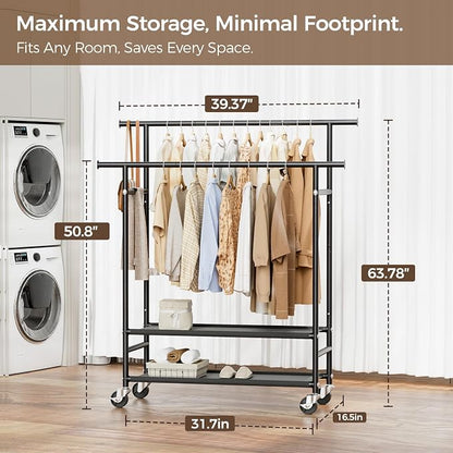 HYSEYY Clothes Rack, Double Rods Rolling Clothing Rack - Image 4