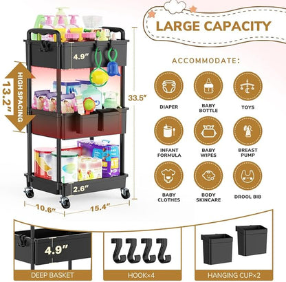 Goovilla Diaper Cart with Lockable Wheels and Easy Assembly, 3 Tier Black - Image 4