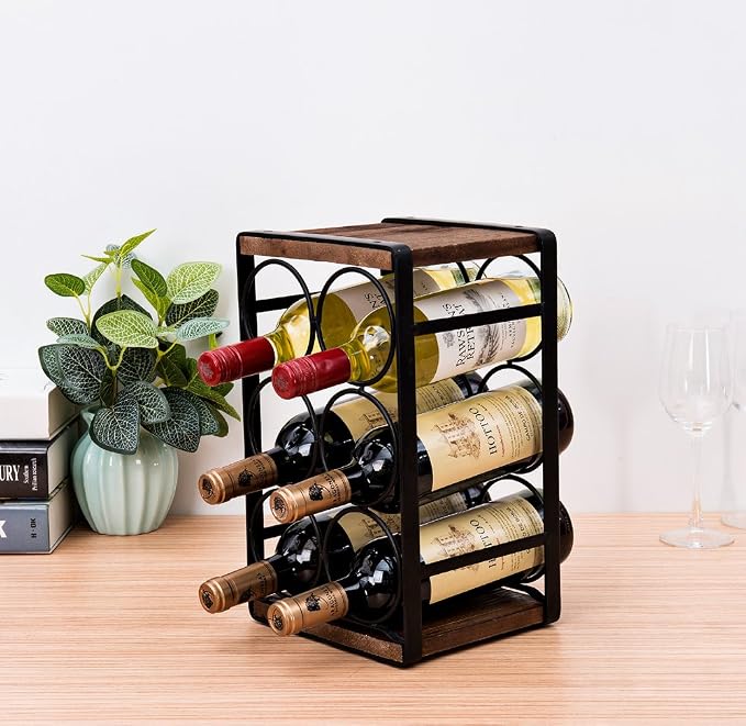 Rustic Wood Countertop Wine Rack 6 Bottles No Need Assembly Brown - Image 2