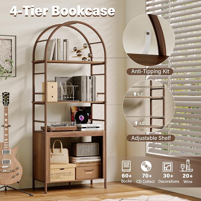 BREEZEHEAT 4-Tier Arched Bookshelf, Floor Standing Open Display Storage Shelf - Image 3