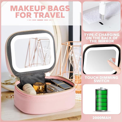 Small Makeup Bag with Led Mirror, Mini Travel Make up Bag 3 Light Modes - Image 3