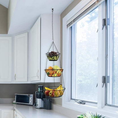 Heavy Duty - 3 Tier Hanging Kitchen Black Fruit Basket - Image 6