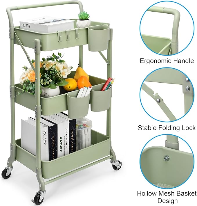 Foldable 3 Tier Rolling Cart, Metal Utility Cart, Folding Mobile Multi-Function - Image 4
