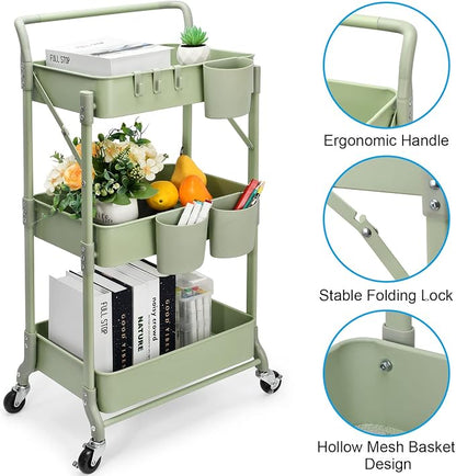 Foldable 3 Tier Rolling Cart, Metal Utility Cart, Folding Mobile Multi-Function - Image 4