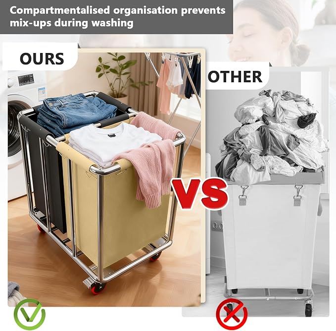 Commercial Laundry Cart with Wheels, 400L 2-Section Large Lanudry Hamper with - Image 6