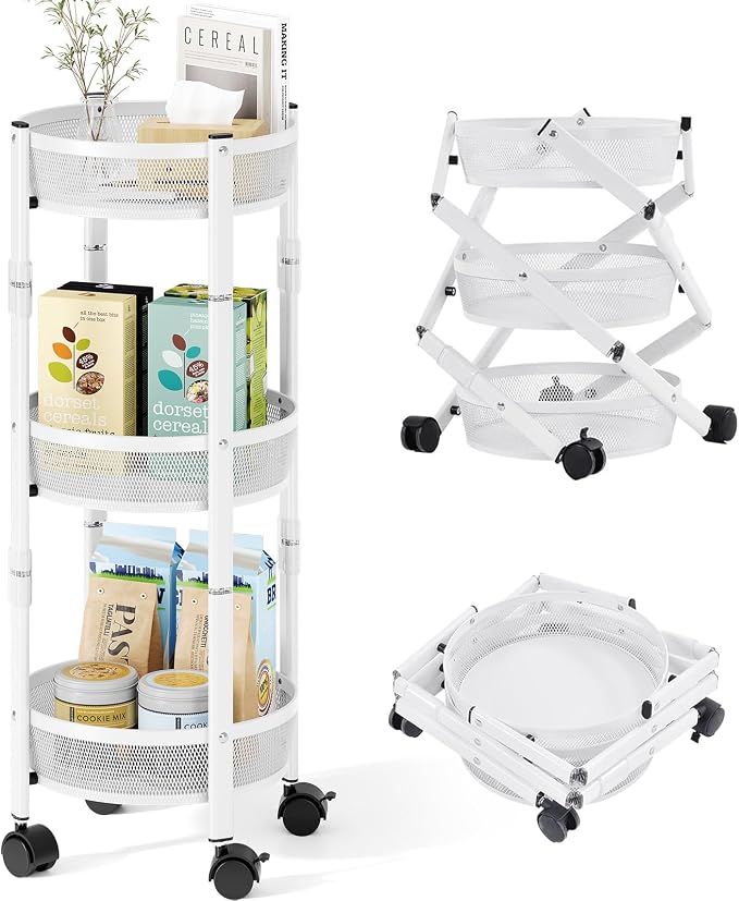TOOLF 3 Tier Foldable Rolling Cart, Metal Utility Storage Cart, Lockable Wheels - Image 2
