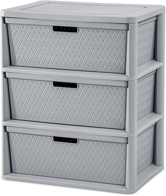 Wide 3-Drawer Plastic Storage Tower, Cross-Weave Decorative Organizer Chest by Unknown