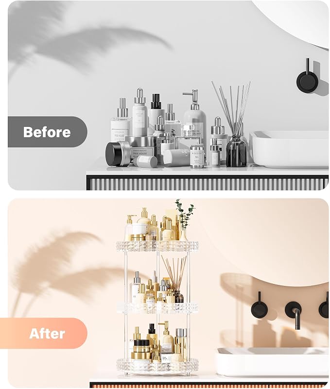3Tier Diamond Lazy Susan Bathroom Countertop Organizer, 360° Clear Rotating - Image 3