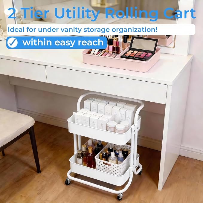2 Tier Cart with Wheels Under Desk Storage with Handle, Metal Rolling Pantry - Image 7