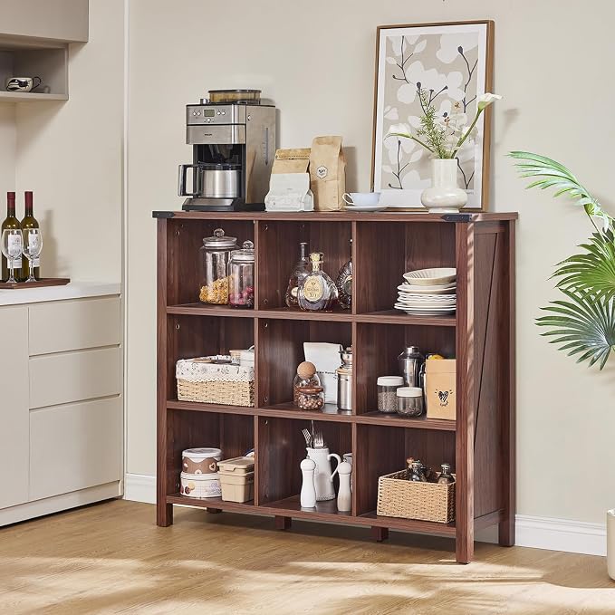 9 Cube Bookcase, Farmhouse 47 Inch Wide Brown Walnut Bookshelf, Wooden 3 Tier - Image 8
