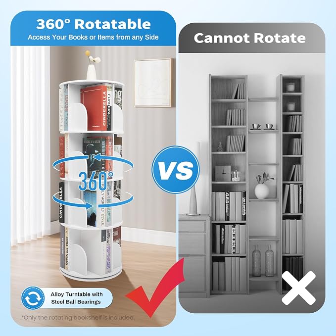 Rotating Bookshelf, 360 Display Round Bookshelf, 4 Tier Floor Standing Bookcase - Image 5
