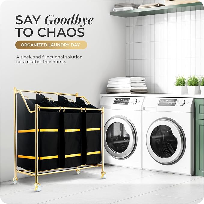 LUXURY STYLE Laundry Hamper, 3-Section Rolling Laundry Sorter Cart - Image 7