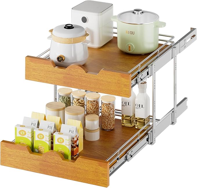 DINDON 2 Tier Pull Out Cabinet Organizer Slide Out Wood Shelf Double Tier by DINDON