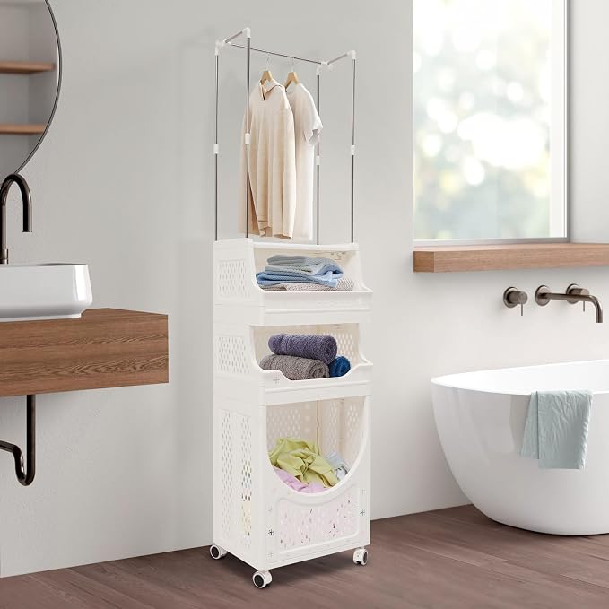 Rolling Laundry Hamper with Hanging Rod, 3-Tier Laundry Hamper Cart with 6 Hooks - Image 3