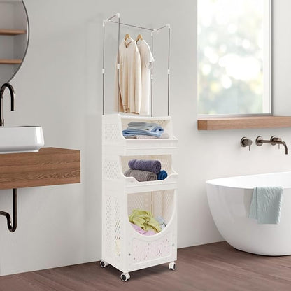 Rolling Laundry Hamper with Hanging Rod, 3-Tier Laundry Hamper Cart with 6 Hooks - Image 3