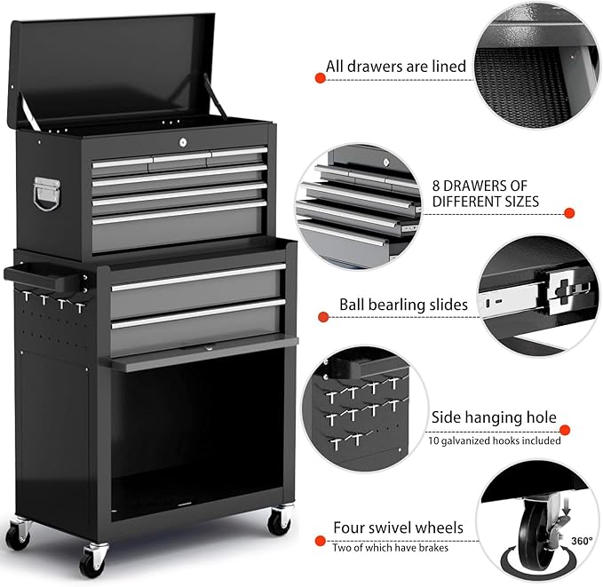 8-Drawer Tool Chest with Wheels, Detachable Top Tool Box, Tool Cabinet with - Image 3
