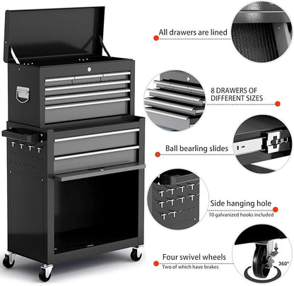 8-Drawer Tool Chest with Wheels, Detachable Top Tool Box, Tool Cabinet with - Image 3