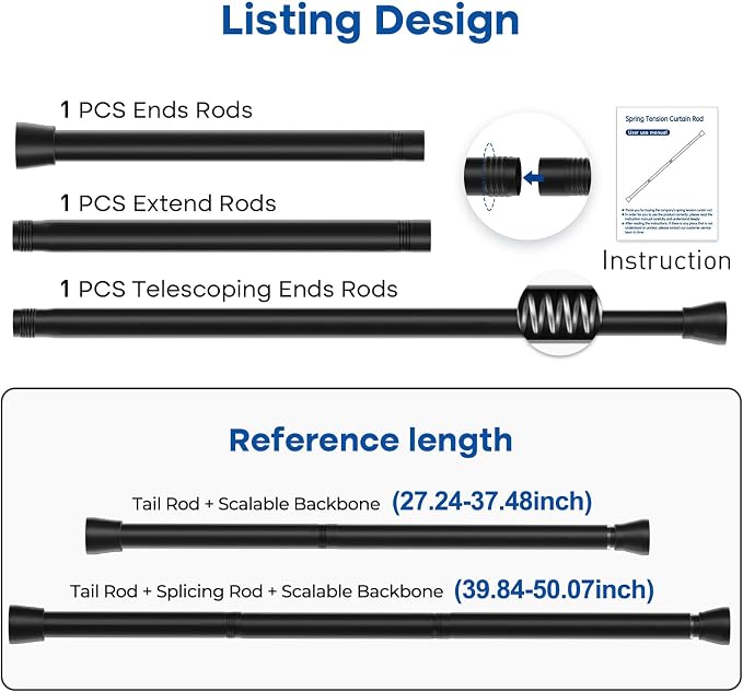 Black Tension Rods for Windows 28 to 48 Inch 2 Pack Spring Curtains Rod Tension - Image 2
