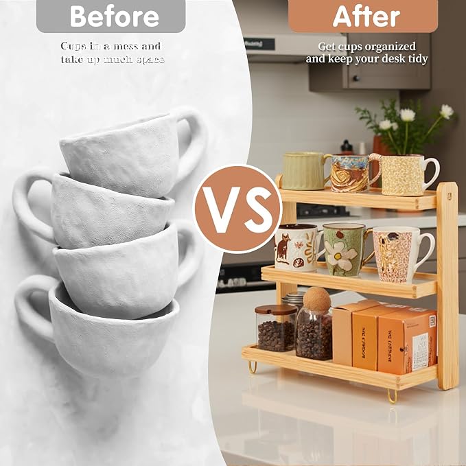 Coffee Mug Holder Wooden Cup Rack, 3-Tier Acrylic Home Mug Display Rack - Image 5