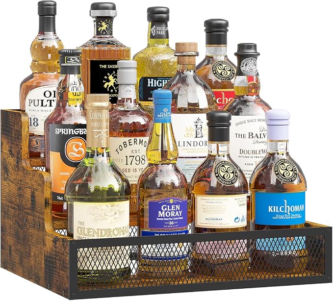 3-Tier Liquor Bottle Display Shelf, Rustic Wooden Bottle Holder Stand by KOKSTOP