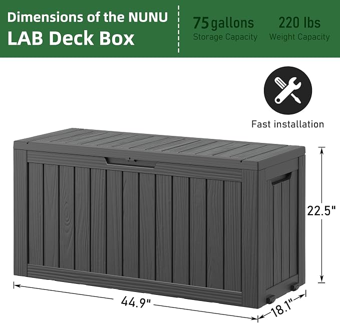 NUNU LAB 75 Gallon Outdoor Storage Box, Large Resin Sturdy Deck Box, Backyard - Image 2