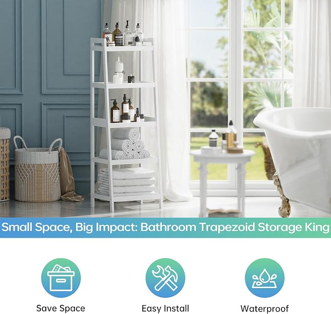 SMIBUY Bamboo Ladder Bookcase, Bathroom Storage Rack Organizer, 4 Tier and 5 - Image 9