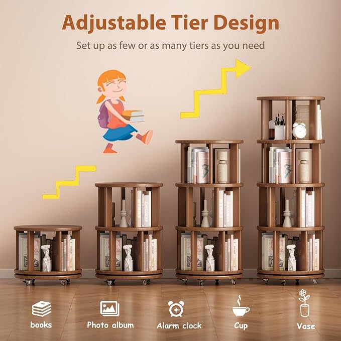 Solid Wood Rotating Bookshelf on Wheels, 4 Tier, Round Revolving Bookcase - Image 7