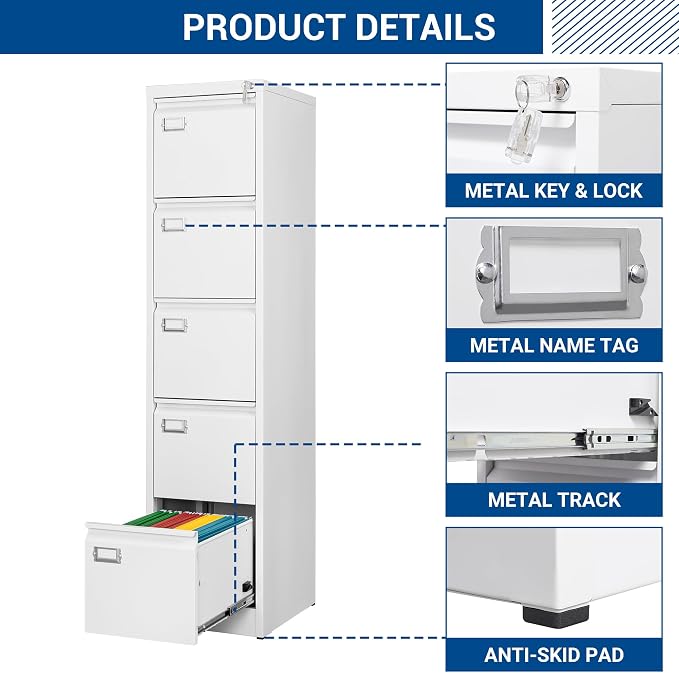 File Cabinets - 5 Drawers Vertical 17.8" Deep Lockable Filing Cabinet - White - Image 8