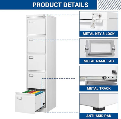 File Cabinets - 5 Drawers Vertical 17.8" Deep Lockable Filing Cabinet - White - Image 8