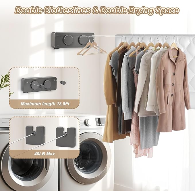 Retractable Clothesline Indoor, Non-Sagging Outdoor Clothes Line Retracting - Image 2